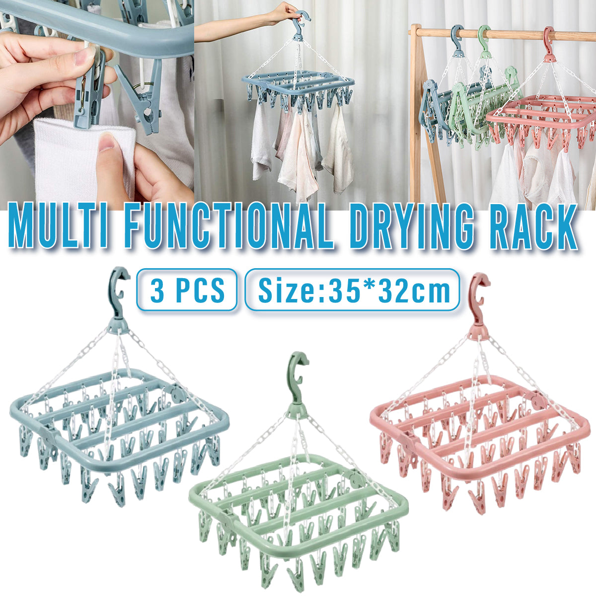 3 Pieces Plastic Multi-Clip Clothes Drying Rack Hanging Set