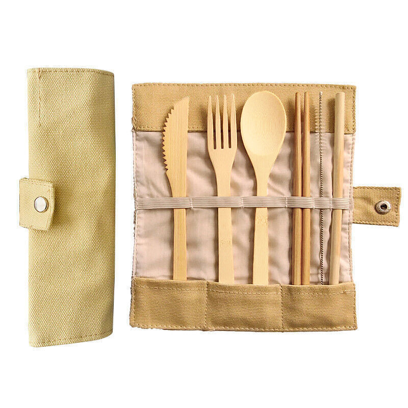 7 Pcs Reusable Bamboo Cutlery Set for Camping Travel Office