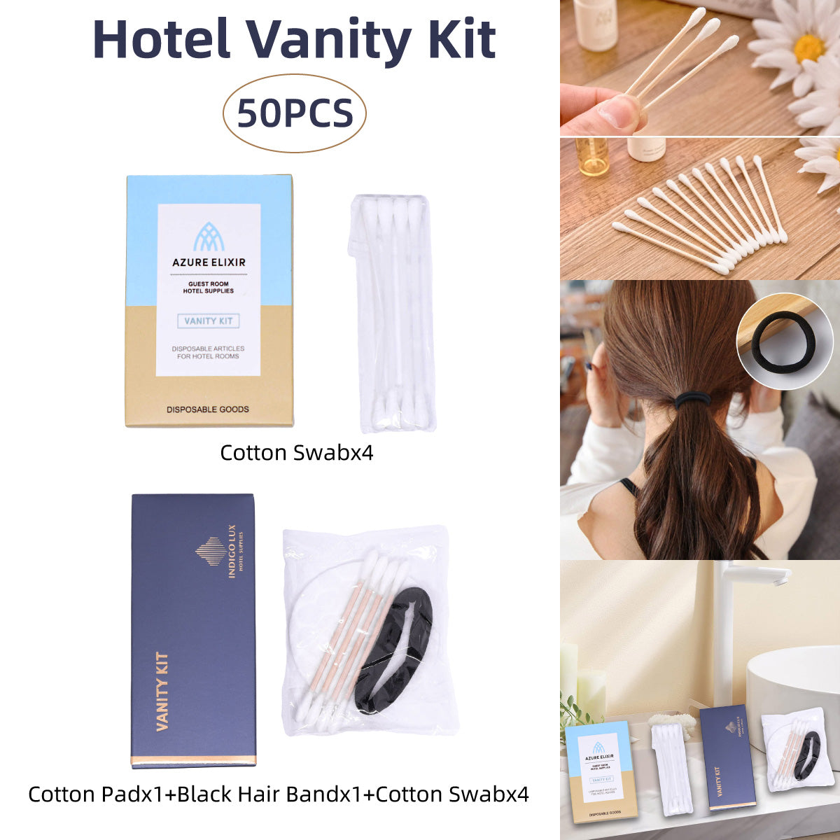 50 Pack Hotel Amenity Kits Cotton Swabs Pads Hair Bands