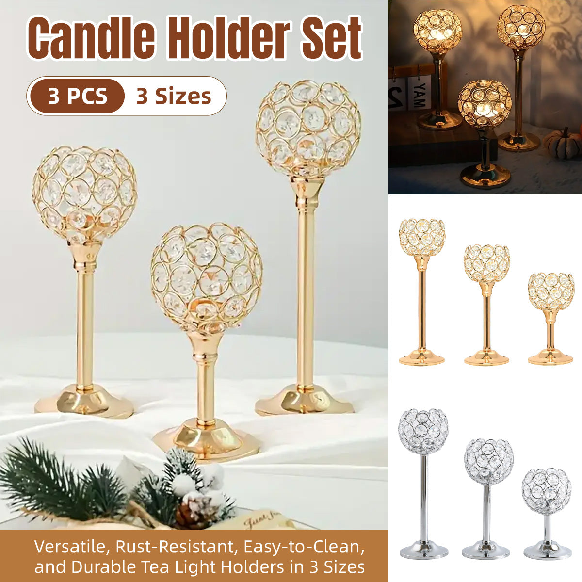 3 Pcs Crystal Candle Holders Metal Base Wedding Dinner Decor Set