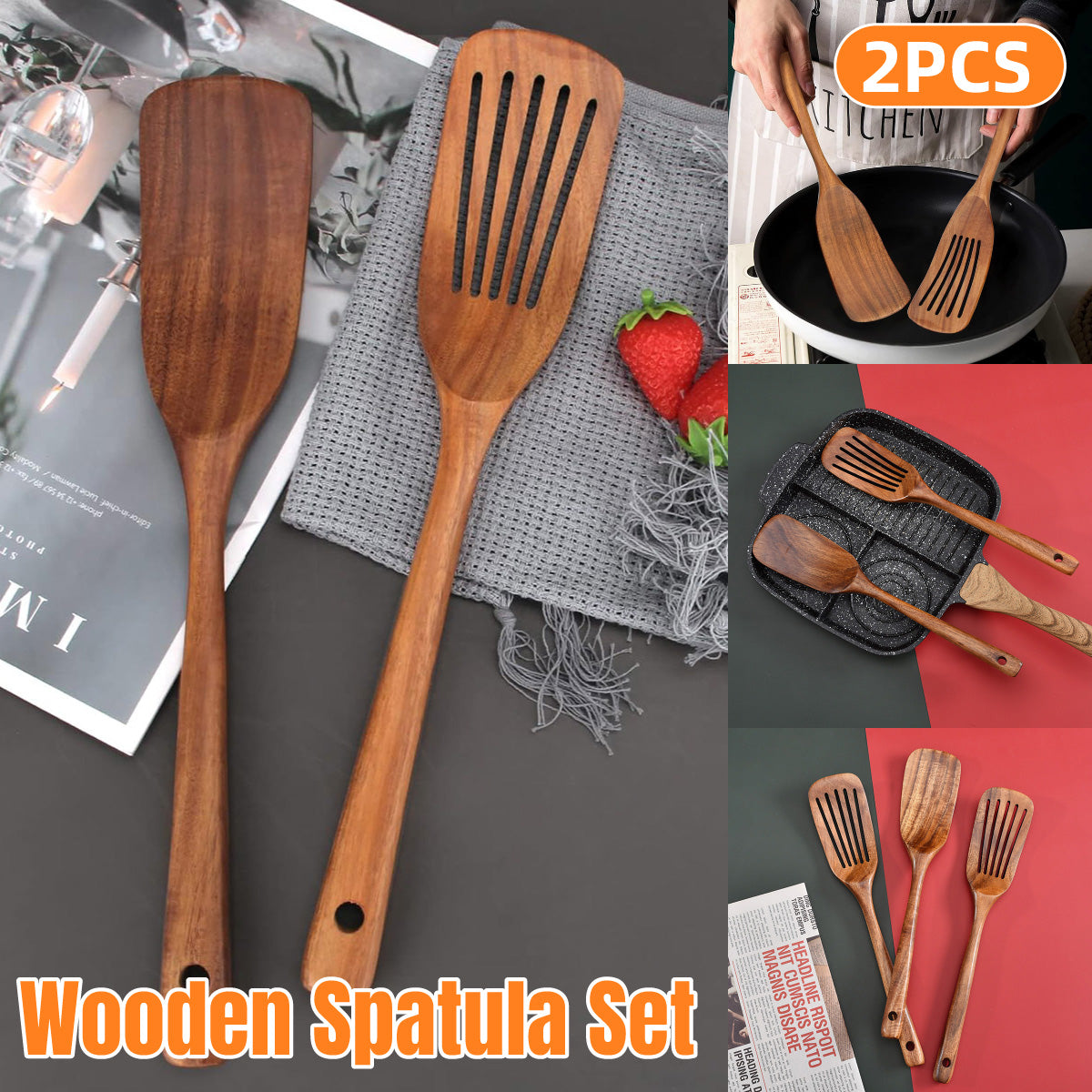 2pcs Wooden Frying Spatula Long Handle Stir Fry Spatula Kitchen Cooking Utensils