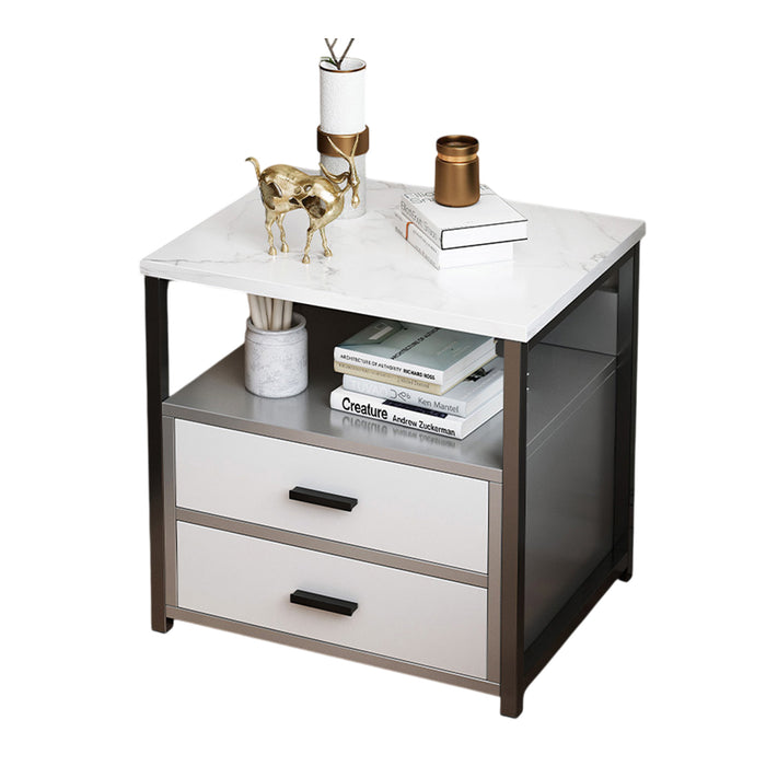 Marble Look Bedside Table with Two Drawers