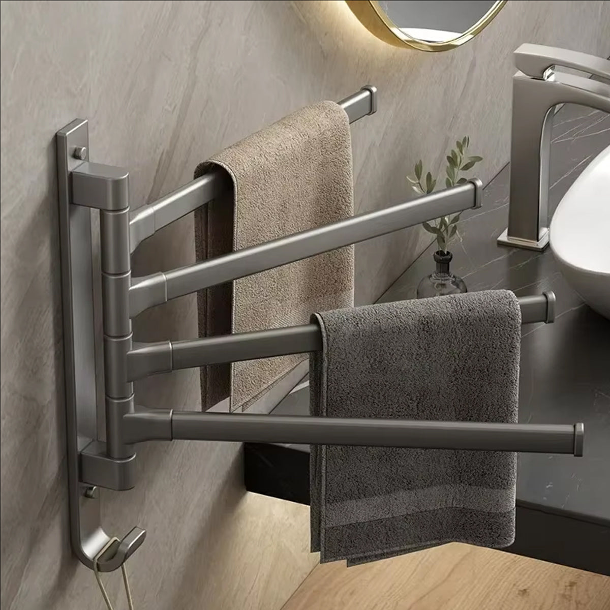 Rotating Towel Rack Wall Mounted Bathroom Shelf Multi Rod Swivel Towel Holder