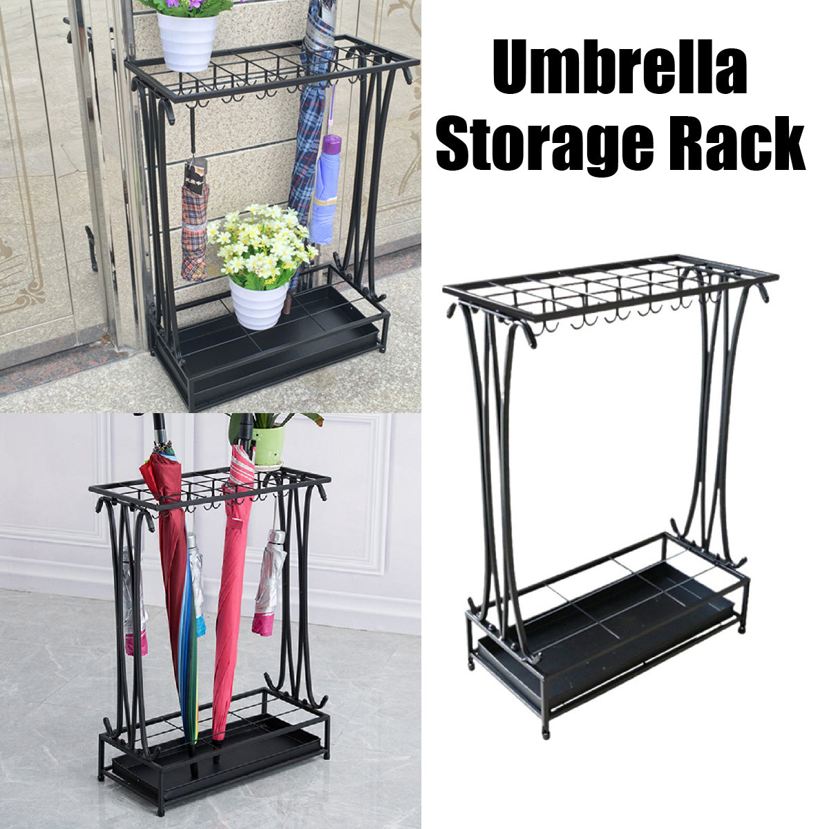 Wrought Iron Umbrella Storage Rack with Water Tray 50x24x70cm
