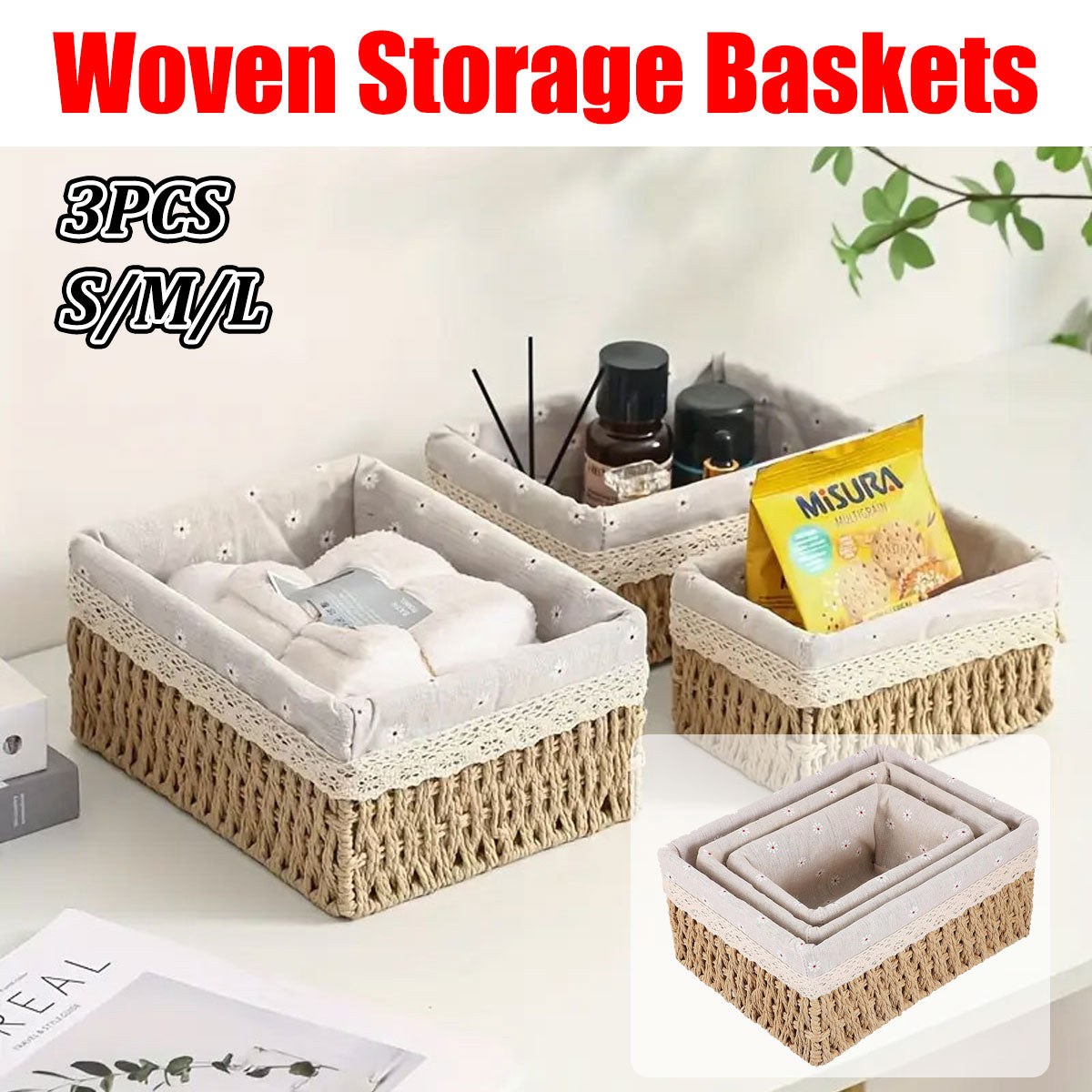 3pcs Rattan Storage Basket Woven Fabric Grass Basket for Home Organiser Decor