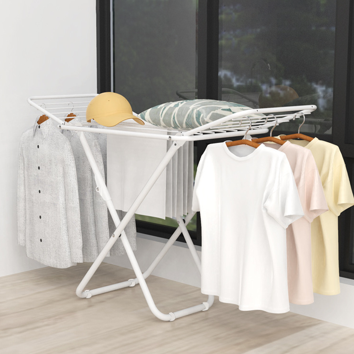 Foldable Floor Standing Clothes Drying Rack 18 Rod Iron White