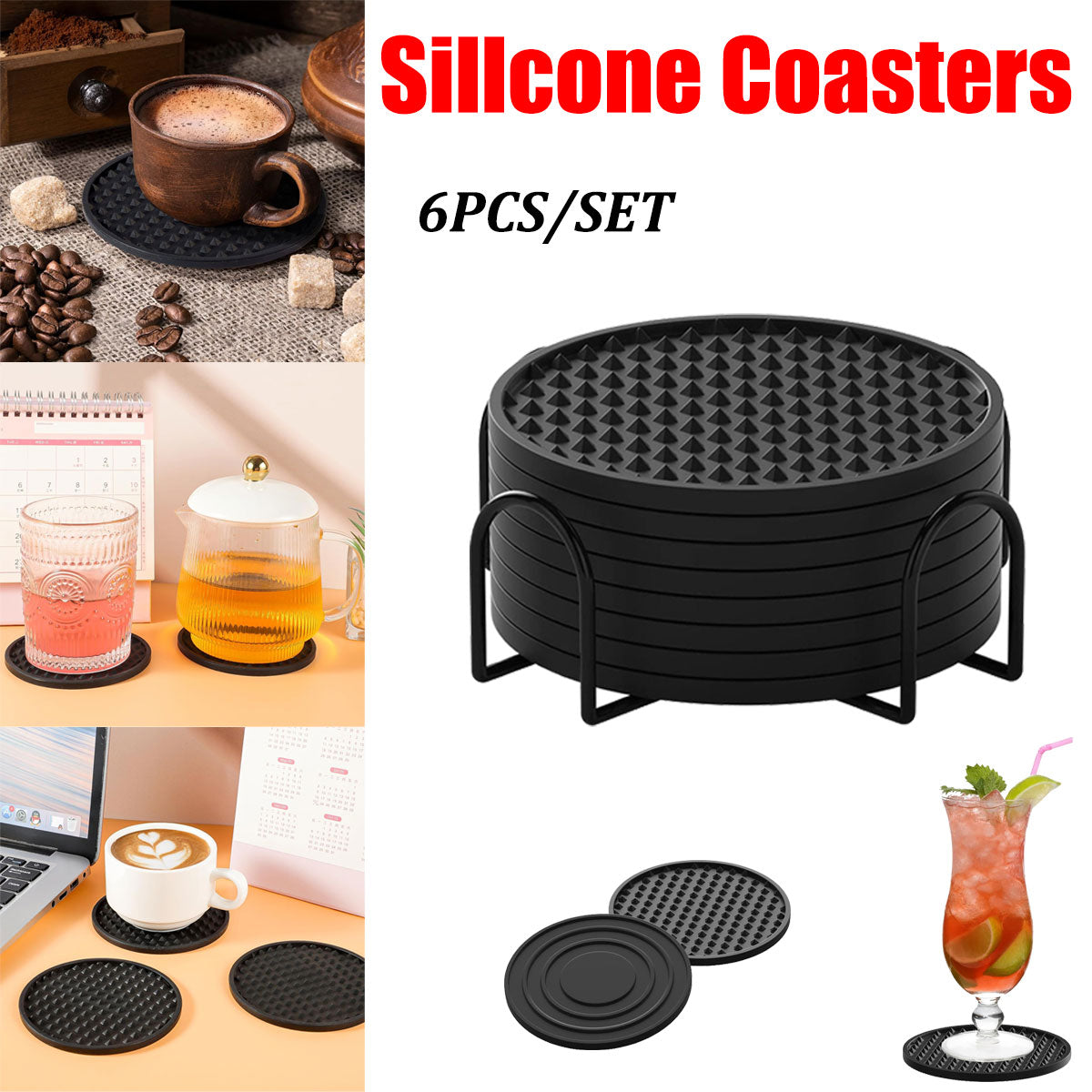 6pcs Silicone Coaster Non-slip Heat Resistant Table Mats Tea Cup Drink Holder