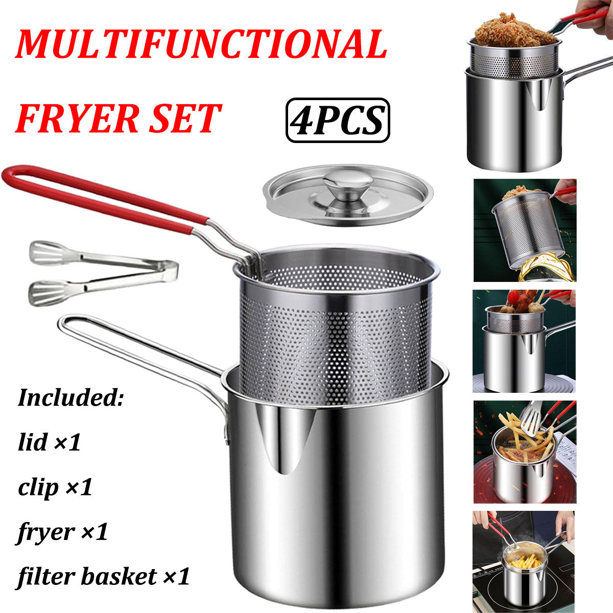 4PCS Stainless Steel Fryer Set Basket Lid Clip Induction Stove Cooking Pot