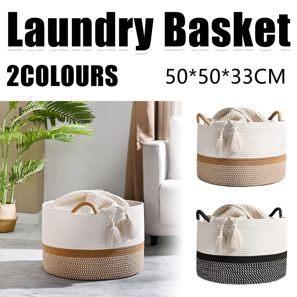 Foldable Large Cotton Rope Laundry Basket with Knot Handles