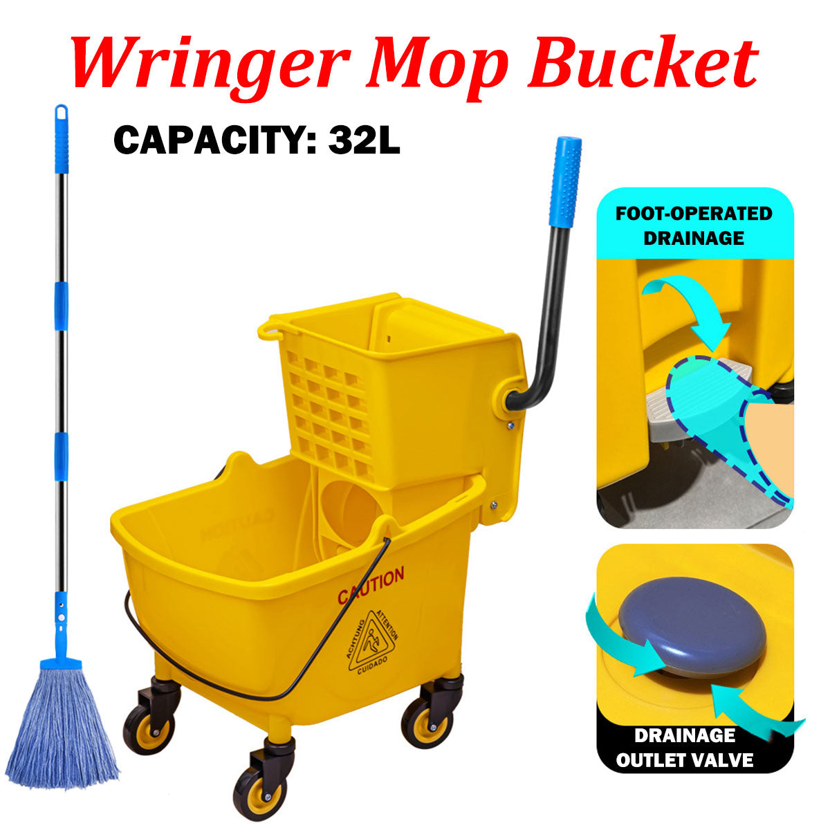 32L Wringer Mop Bucket with Mop Kit for Home Floor Cleaning