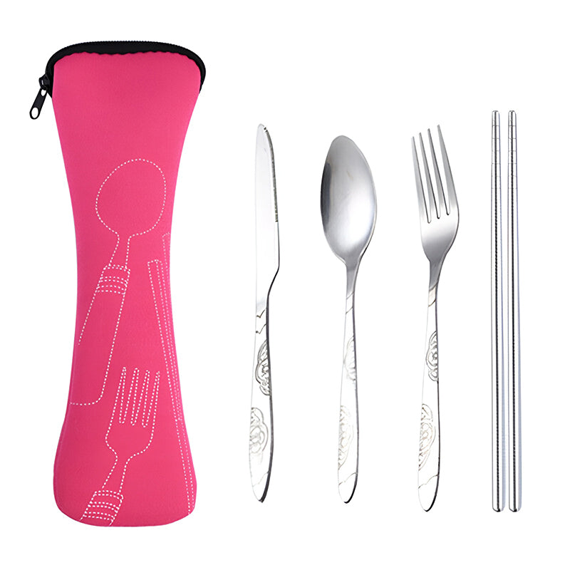 4 Pcs Cutlery Travel Knife Fork Portable Bag Stainless Steel Spoon Chopstick Set