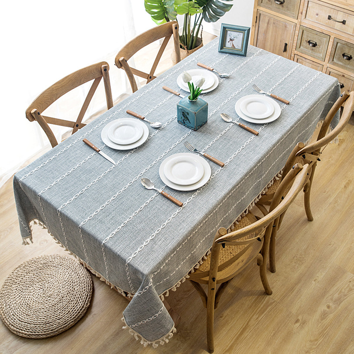 Embroidered Tassel Cotton-Linen Look Geometric Rectangular Tablecloth