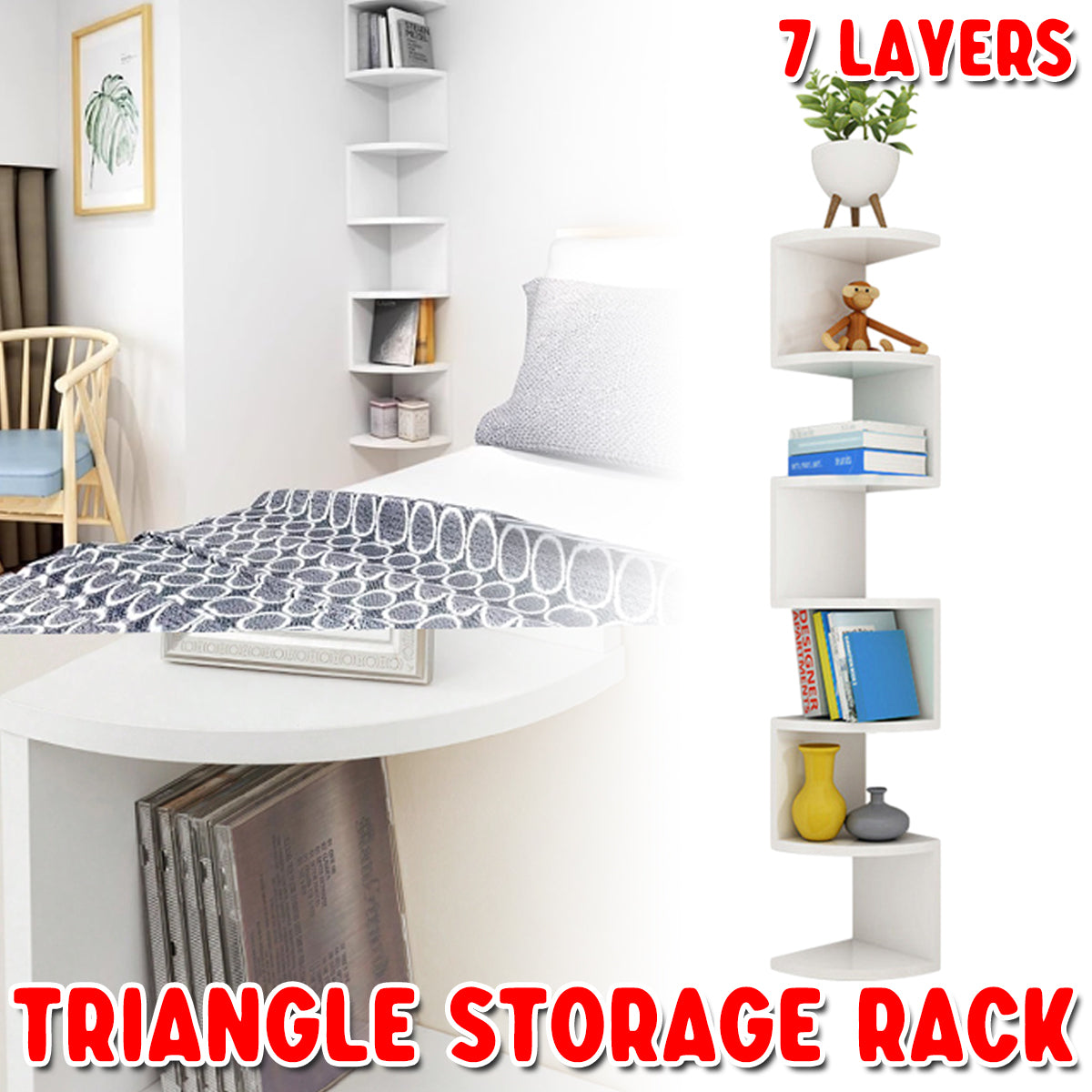 7 Tier Wall Mounted Corner Shelf Triangle Storage Rack Space Saving Organizer