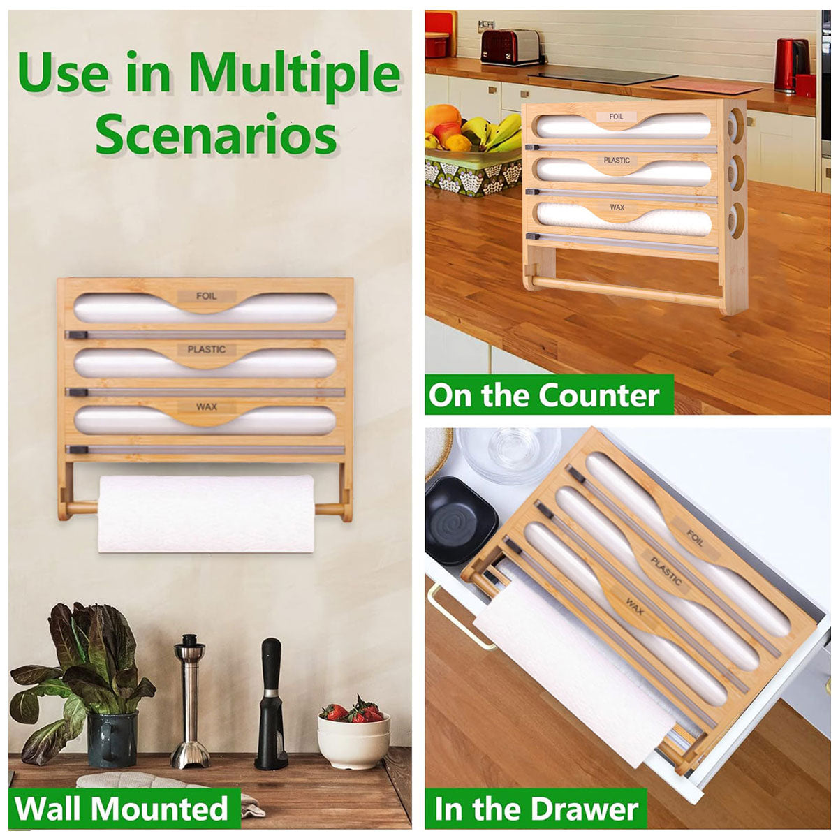 Bamboo Plastic Wrap Cutter Wall Mount Kitchen Storage Organizer