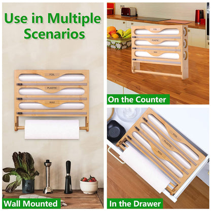 Bamboo Plastic Wrap Cutter Wall Mount Kitchen Storage Organizer