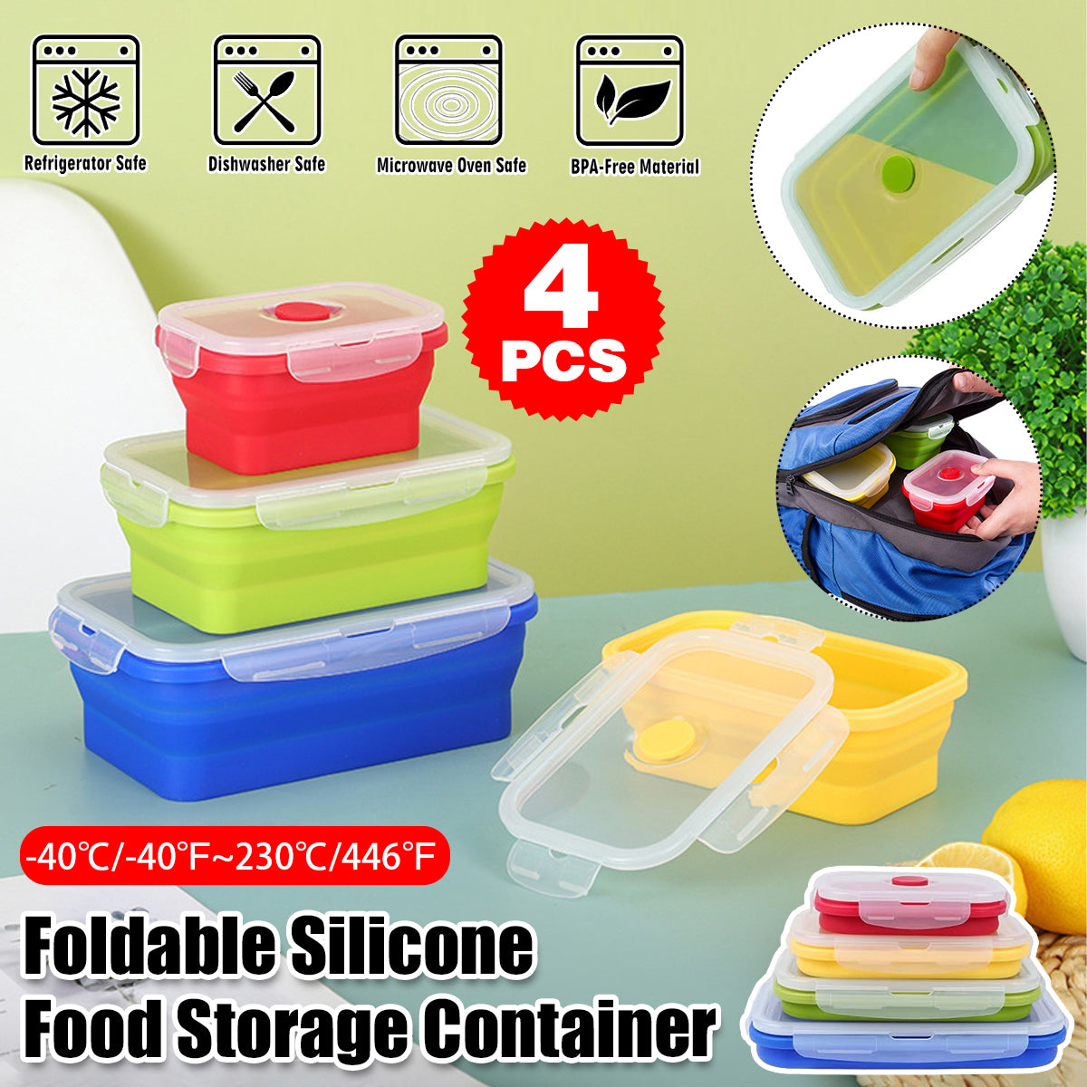 4 PCS Silicone Collapsible Bento Lunch Box Food Storage Container Portable