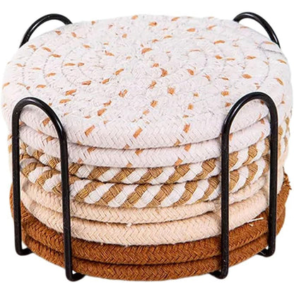 Round Cotton Woven Coaster Heat Resistant Dining Table Mat Set of 8