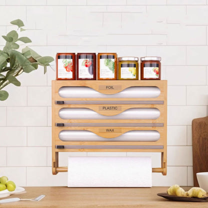 Bamboo Plastic Wrap Cutter Wall Mount Kitchen Storage Organizer