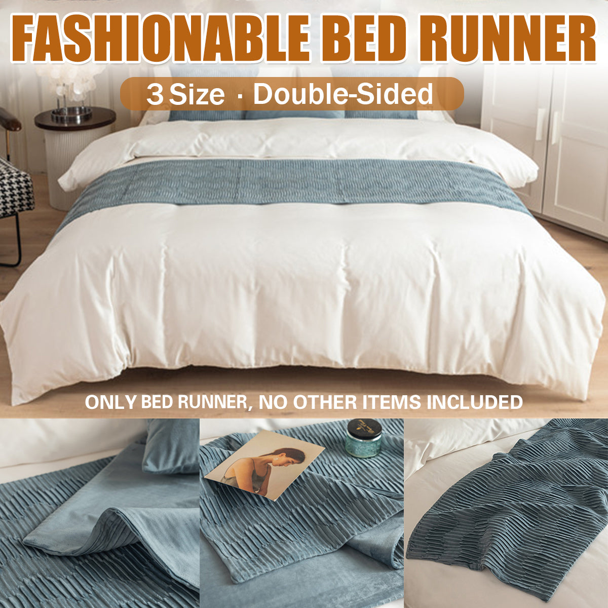 Double Sided Bed Runner with Pleated Geometric Texture