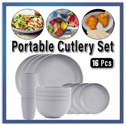 Wheat Straw Plates Bowls Cups Eco Tableware Set, 16 Pcs