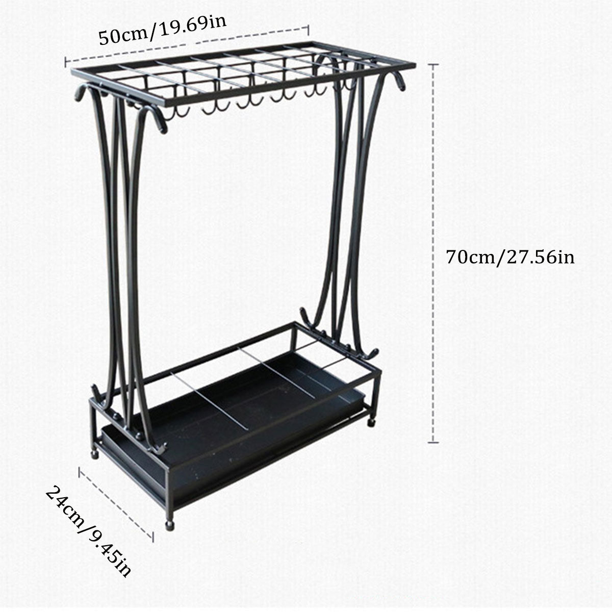 Wrought Iron Umbrella Storage Rack with Water Tray 50x24x70cm