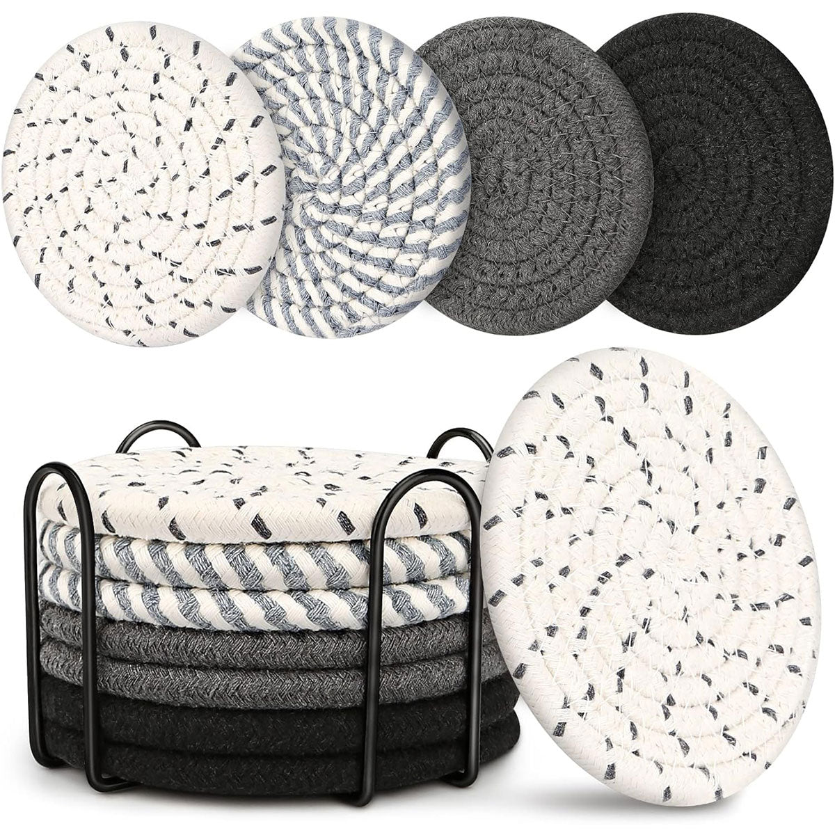 8pcs Woven Cotton Rope Coaster Set With Storage Rack for Coffee Tea