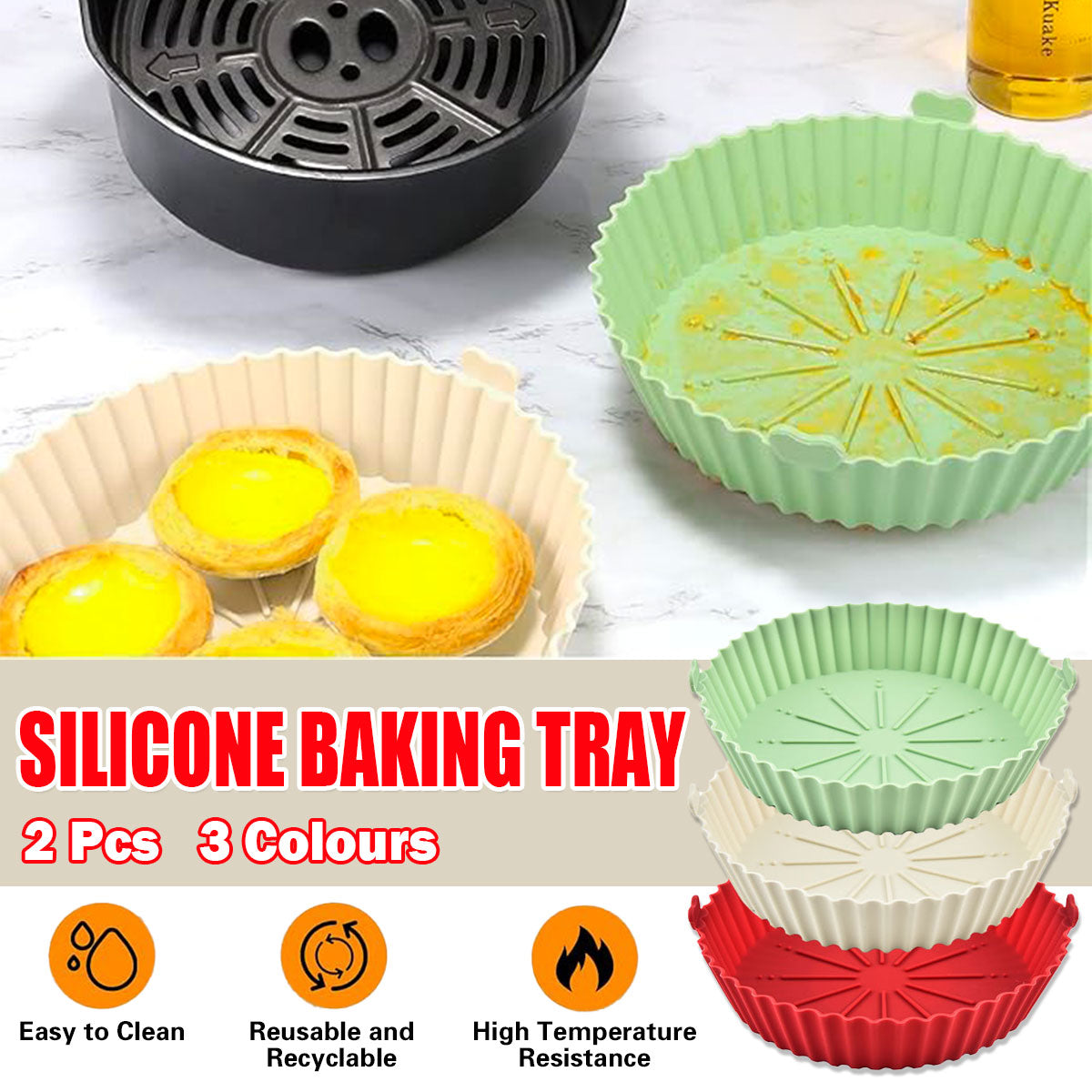 2PCS Silicone Air Fryer Baking Pan Round Household Tray Reusable Non Stick AU