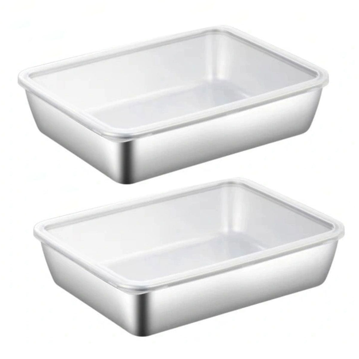 2PCS Stainless Steel Square Food Tray With Lid Rectangular Storage Box Plate AU
