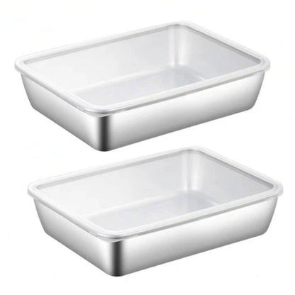 2PCS Stainless Steel Square Food Tray With Lid Rectangular Storage Box Plate AU