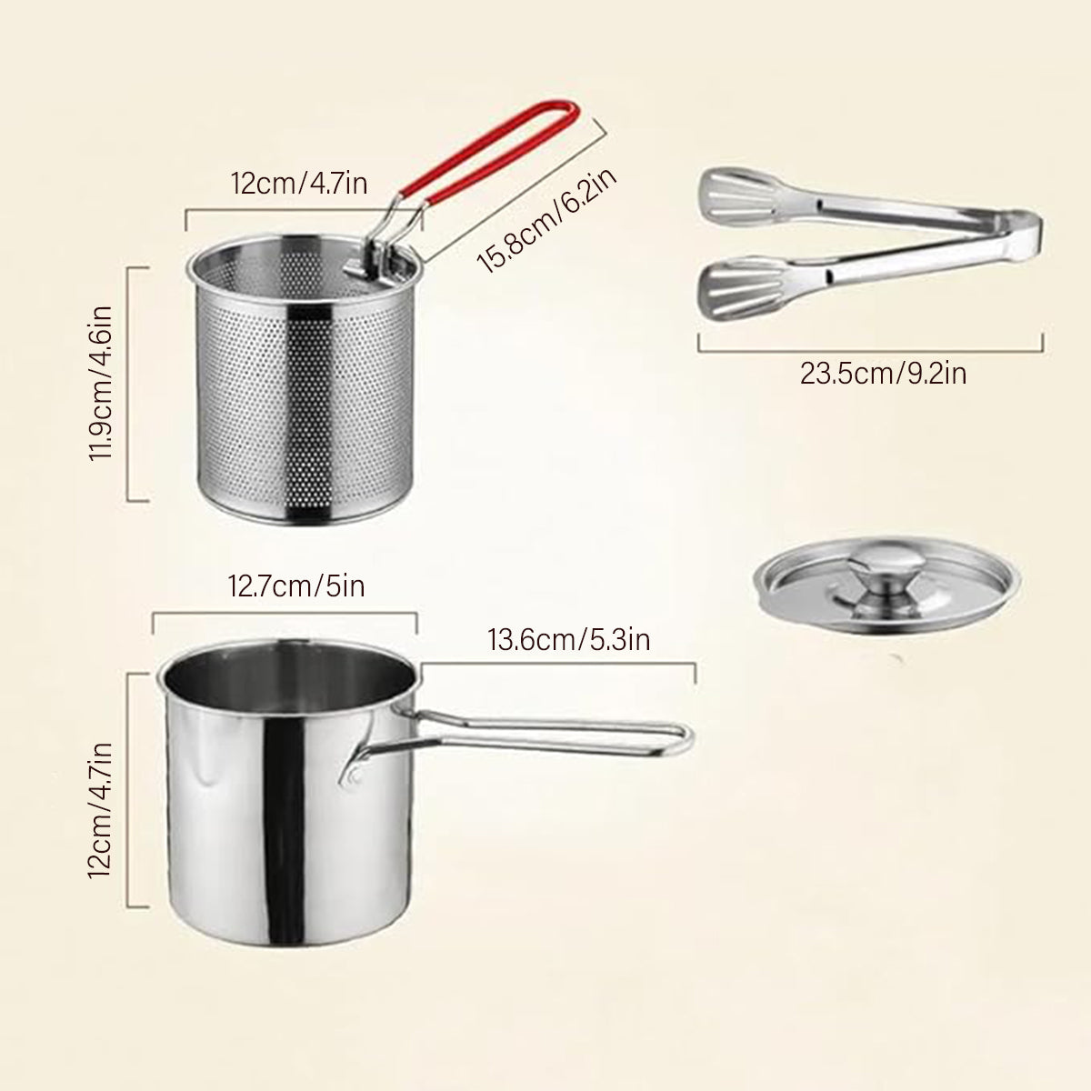 4PCS Stainless Steel Fryer Set Basket Lid Clip Induction Stove Cooking Pot