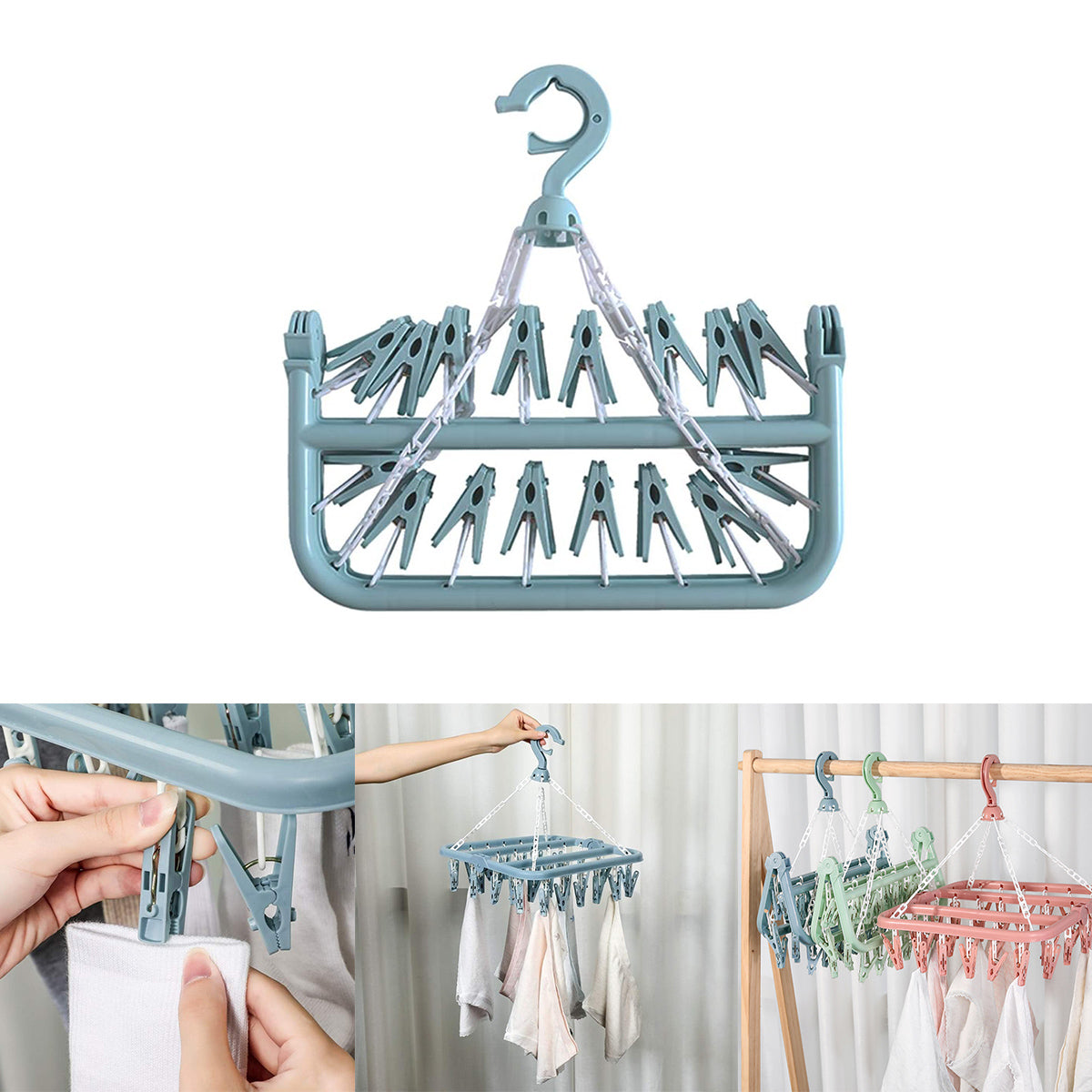 3 Pieces Plastic Multi-Clip Clothes Drying Rack Hanging Set