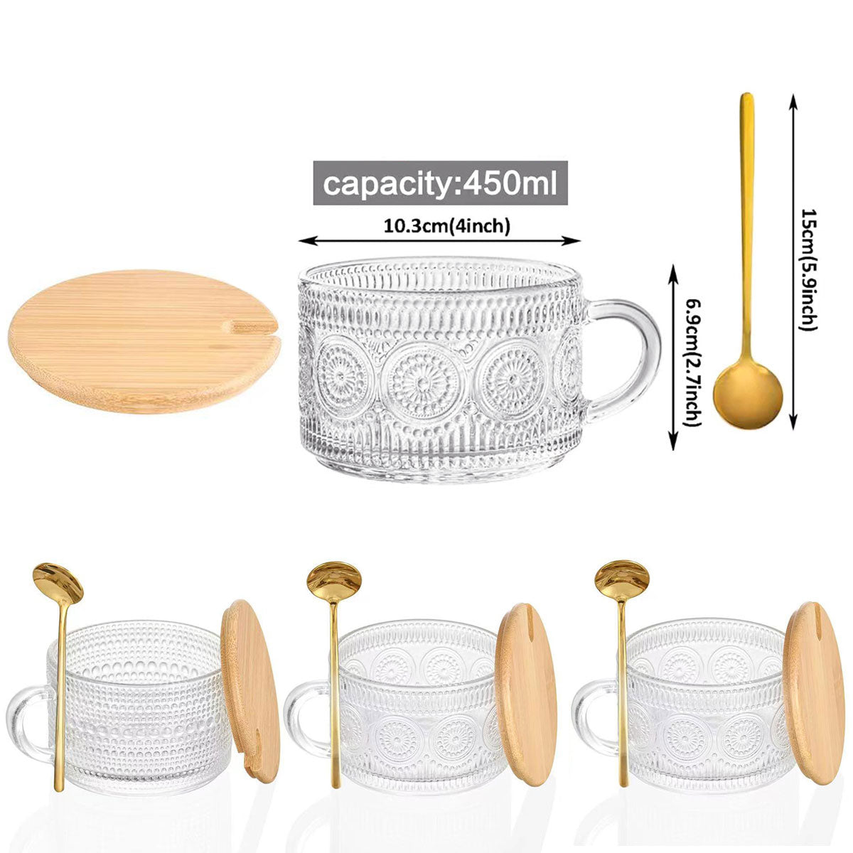 4PCS Vintage Embossed Glass Coffee Cups 14oz with Lid and Spoon for Tea Milk AU