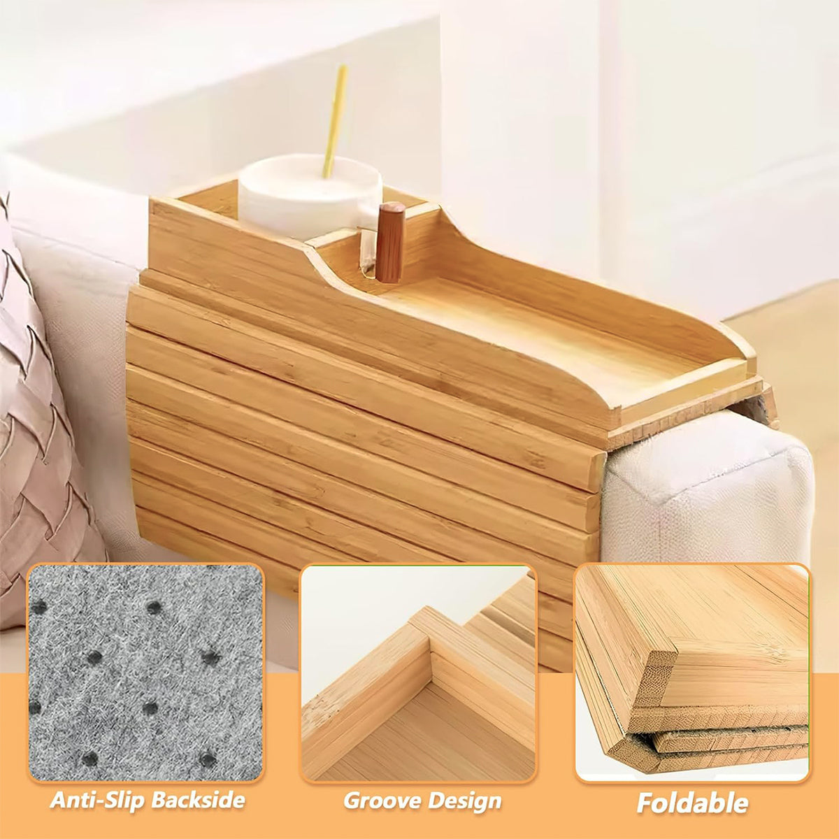 Removable Sofa Armrest Tray Storage Organizer for Couch Side Table Cup Holder