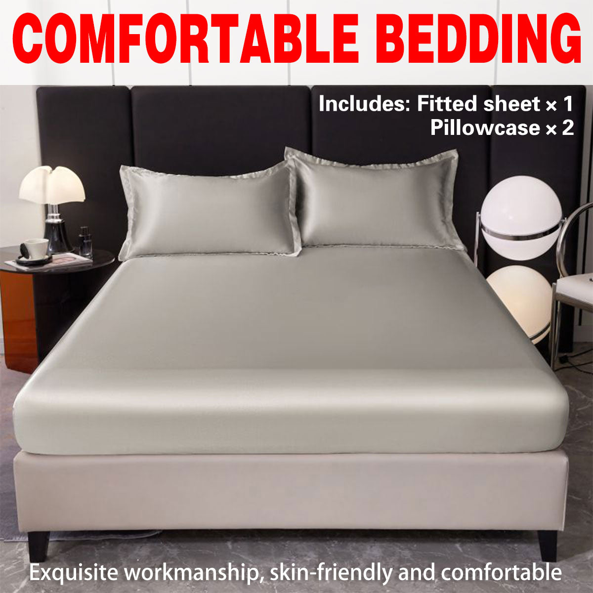 Ice Silk Bed Sheet Set 3 Piece Solid Color Summer Bedding Cover