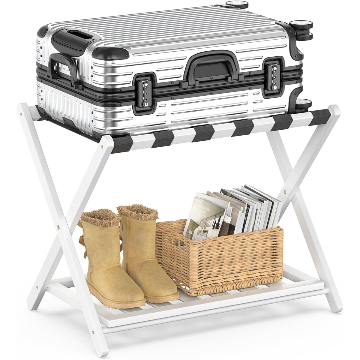 Bamboo Luggage Rack Foldable with Bottom Shelf for Guest Rooms
