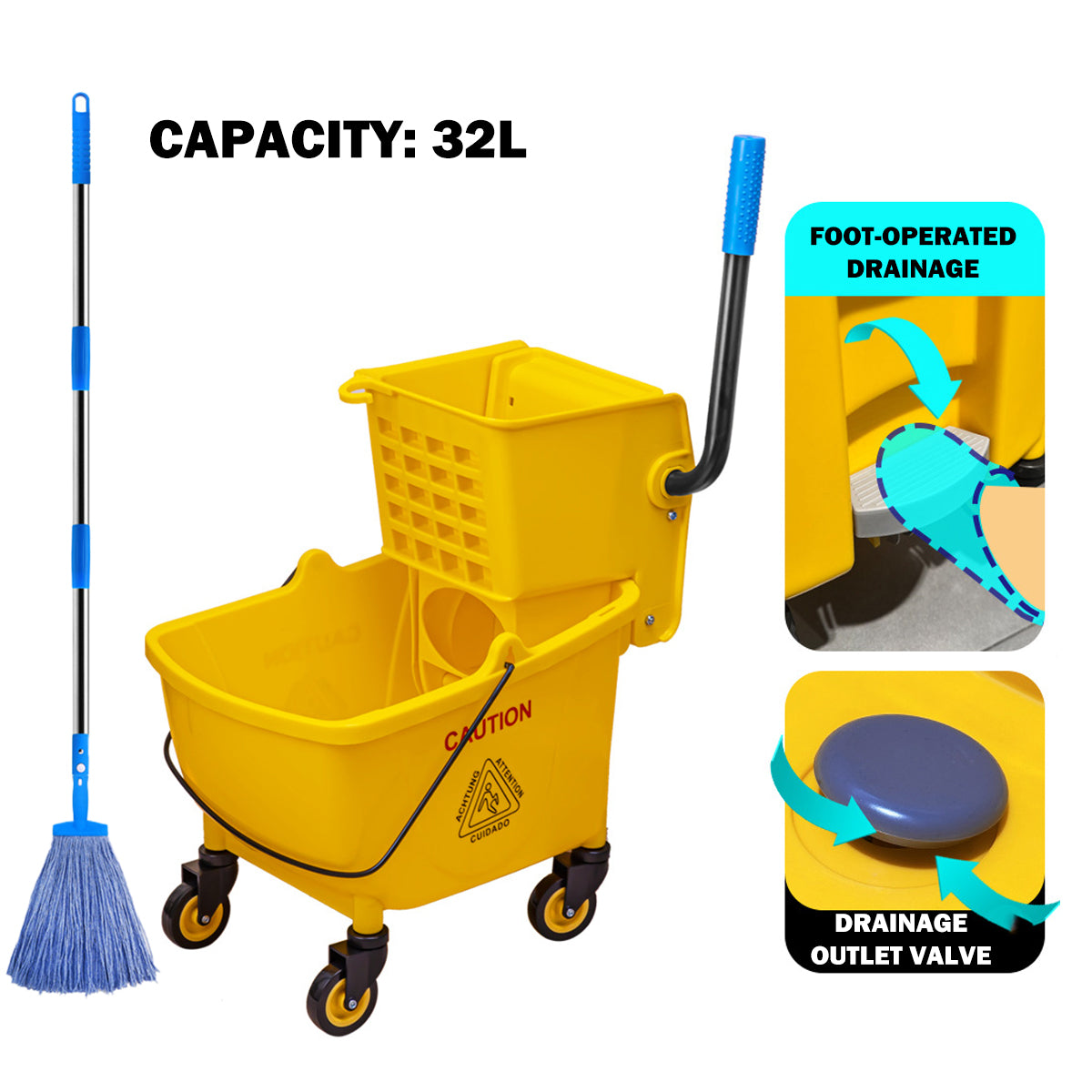 32L Wringer Mop Bucket with Mop Kit for Home Floor Cleaning