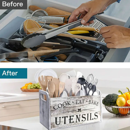Wooden Rustic Cutlery Organizer Kitchen Utensil Holder Caddy With Handle