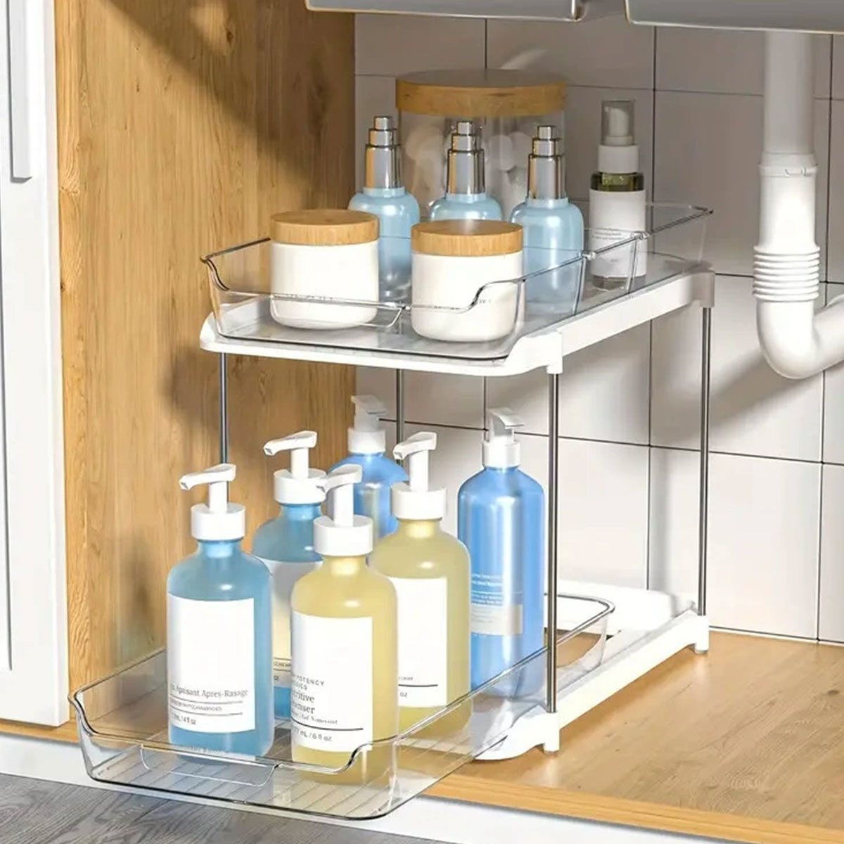 White Double Shelf Cosmetics Storage Box Desktop Organizer Stand