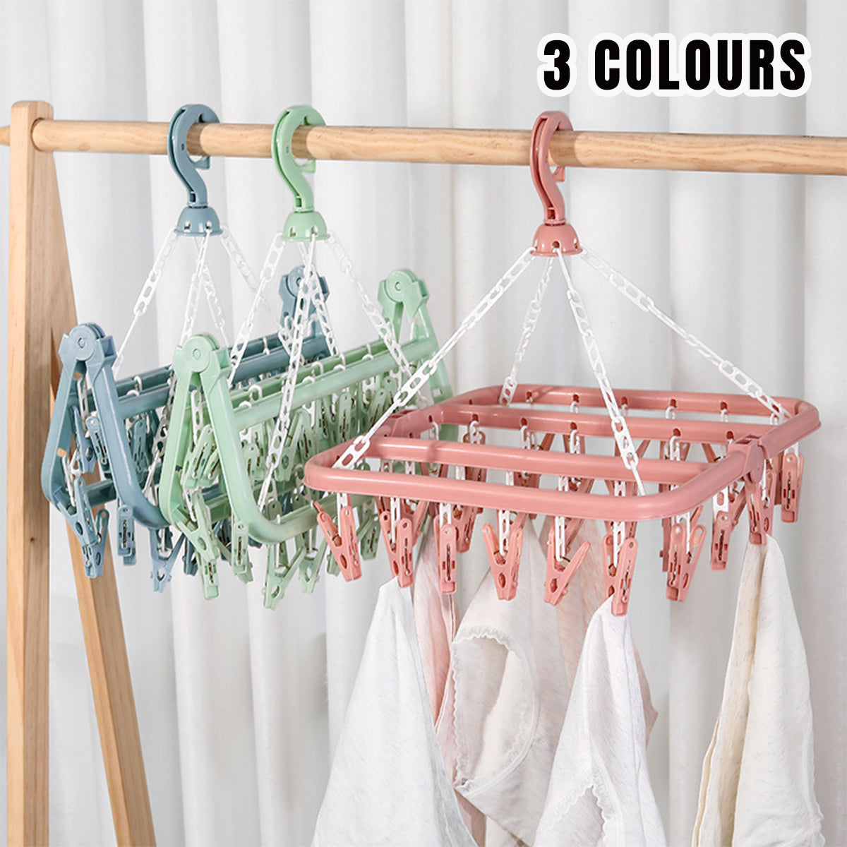 3 Pieces Plastic Multi-Clip Clothes Drying Rack Hanging Set