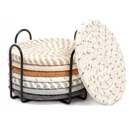 Round Cotton Woven Coaster Heat Resistant Dining Table Mat Set of 8
