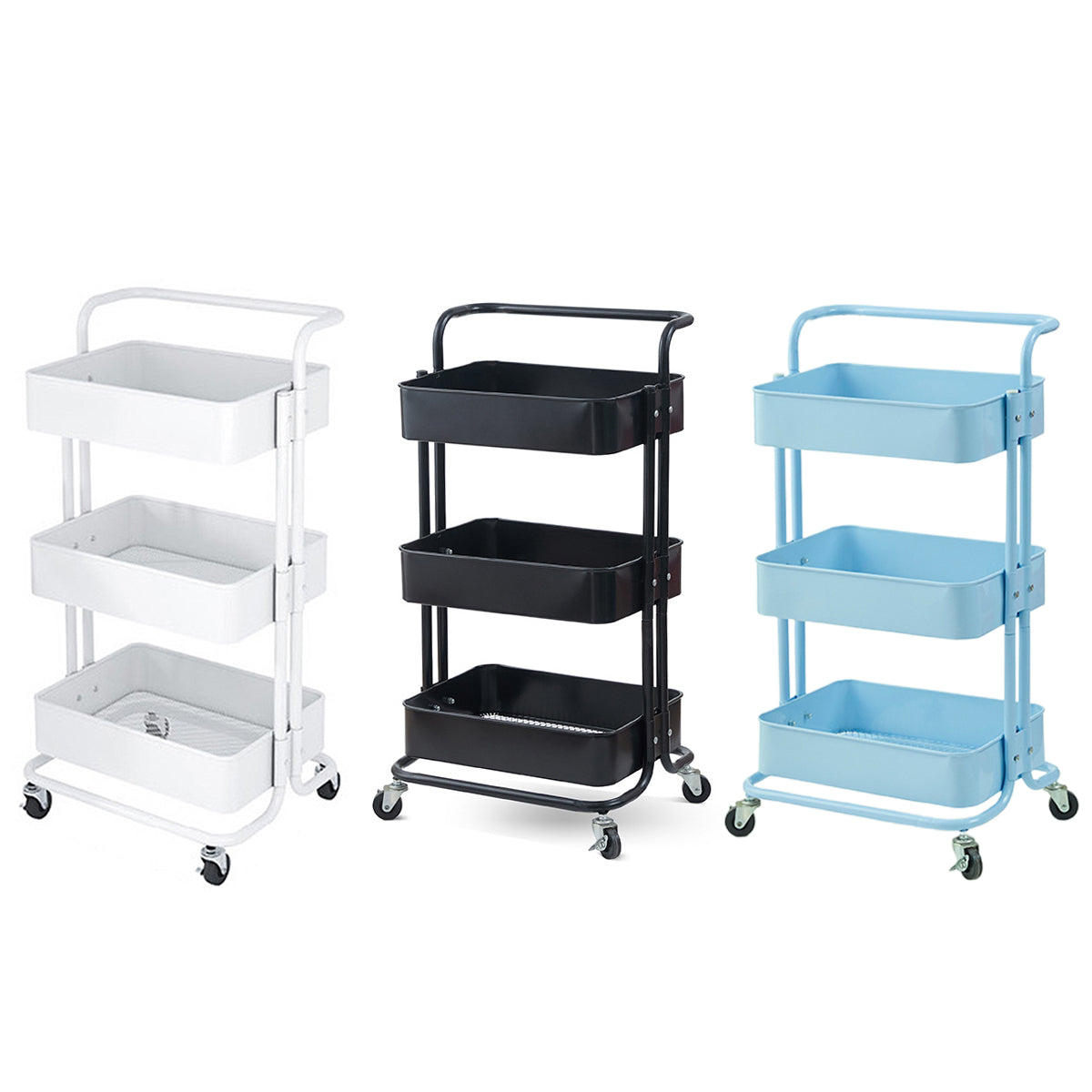 3Tier Trolley Shelf Organiser with Wheels Removable Storage Cart for Home Office