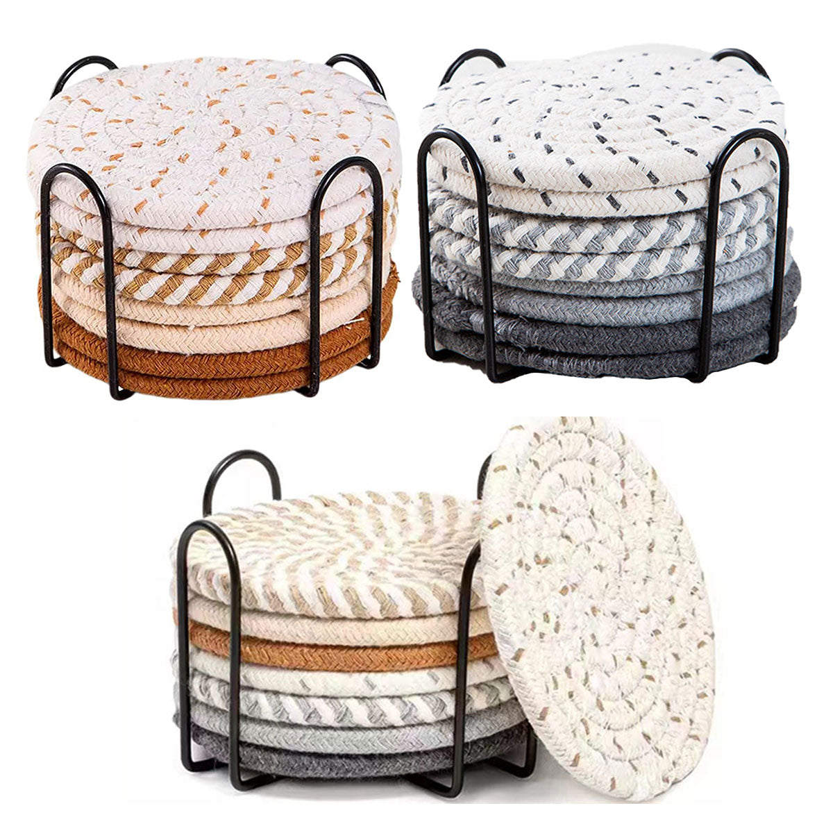 Round Cotton Woven Coaster Heat Resistant Dining Table Mat Set of 8