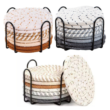 Round Cotton Woven Coaster Heat Resistant Dining Table Mat Set of 8