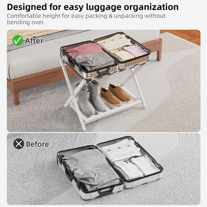 Bamboo Luggage Rack Foldable with Bottom Shelf for Guest Rooms