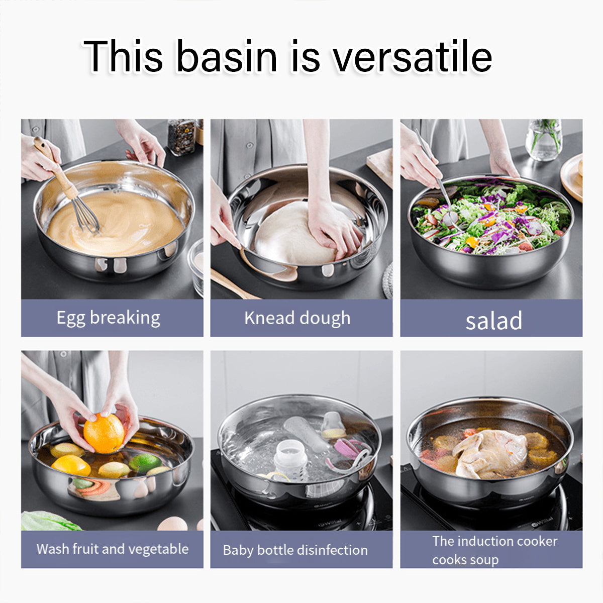 Stainless Steel Kitchen Kneading Bowl Durable Household Baking Cooking Basin