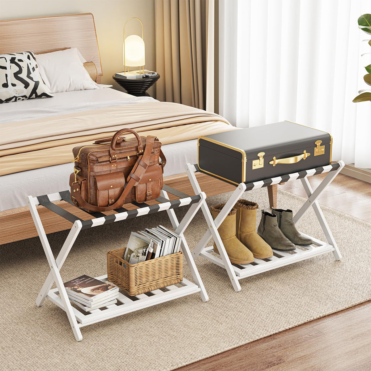 Bamboo Luggage Rack Foldable with Bottom Shelf for Guest Rooms