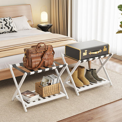 Bamboo Luggage Rack Foldable with Bottom Shelf for Guest Rooms