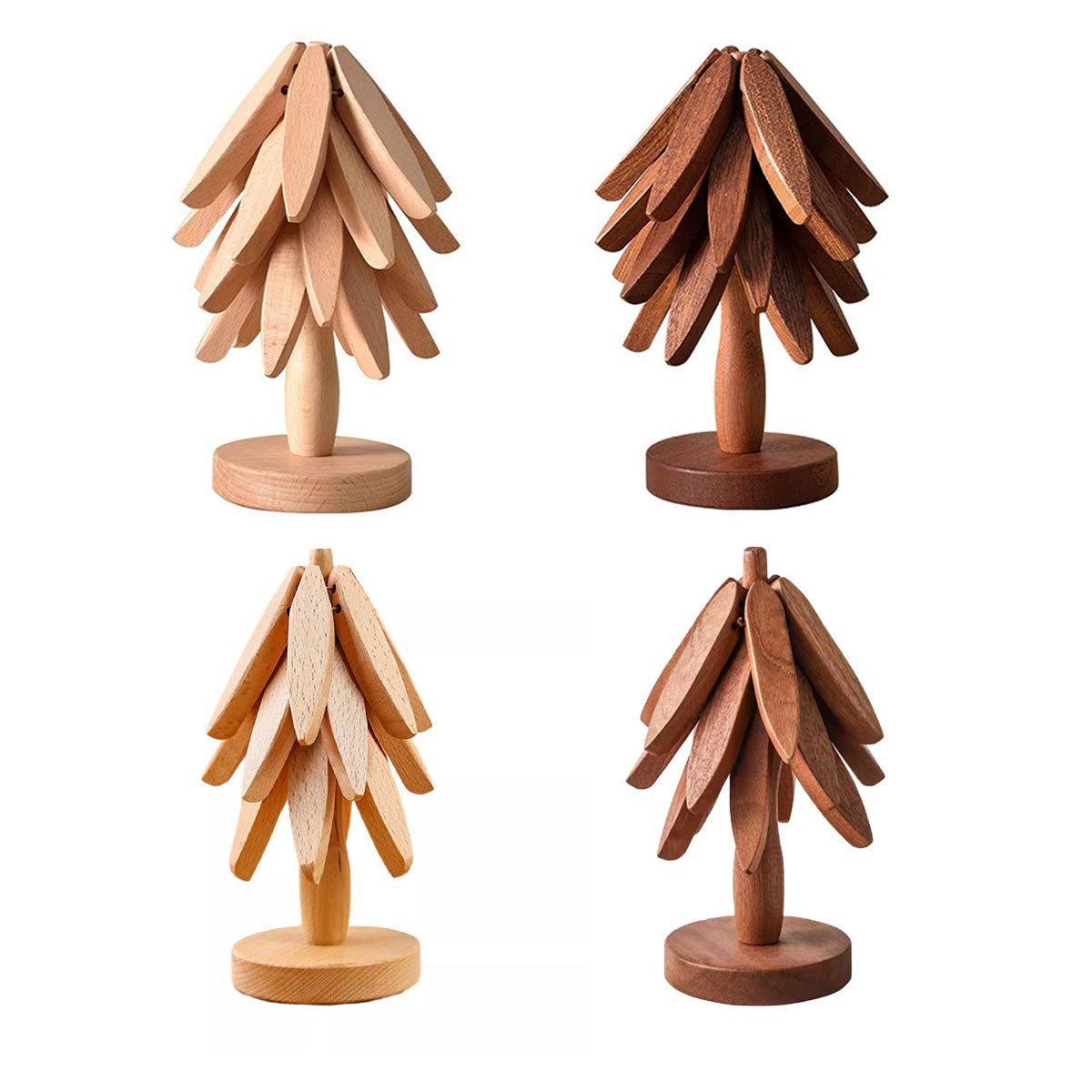 Solid Walnut Wood Christmas Tree Trivet Heat-Resistant Coaster Set
