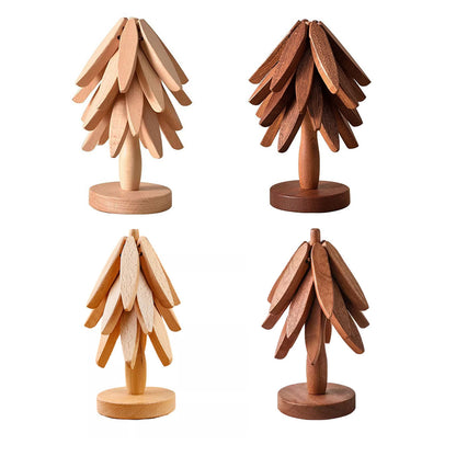 Solid Walnut Wood Christmas Tree Trivet Heat-Resistant Coaster Set