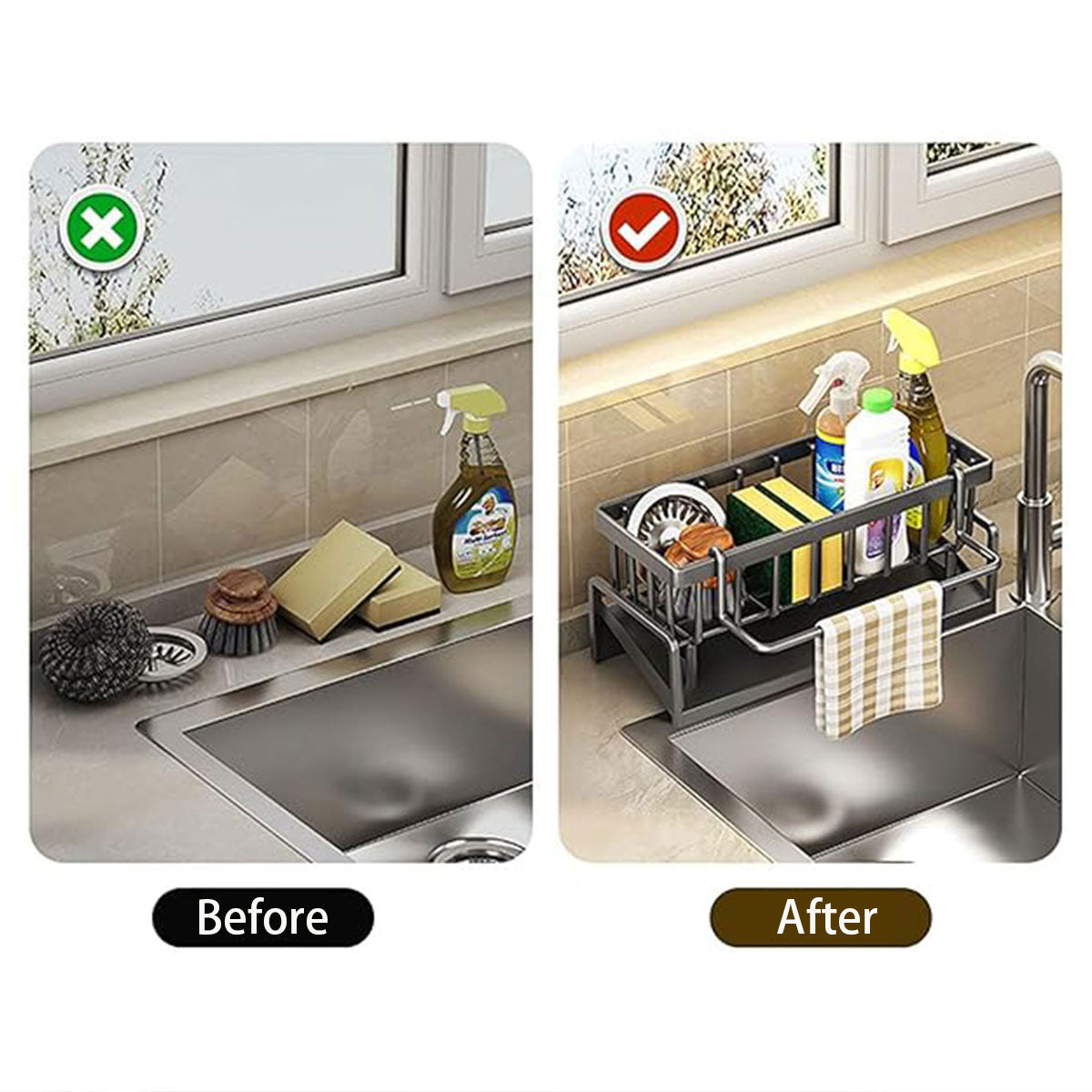 Kitchen Sink Caddy Storage Organizer Steel Sponge Soap Brush Holder Faucet Rack